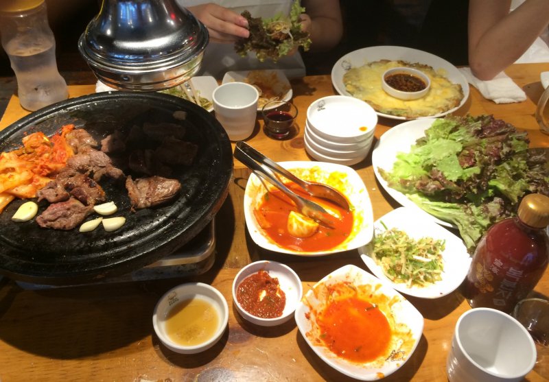 <p>Korean barbecue and a korean-style cheese and shrimp pancake are the highlights of this meal in Shin-Okubo.</p>