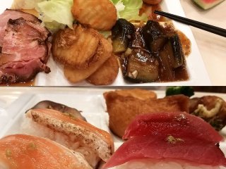 Ini adalah beberapa majian dari makan malam "all-you-can-eat" saya. Anda mempunyai banyak pilihan termasuk masakan tradisional Jepang seperti sushi, dan juga ayam goreng dan kentang goreng, jeruk, melon, ataupun es krim untuk hidangan penutup