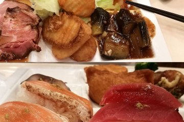 <p>This is some of my all-you-can-eat&quot; dinner. You have many choices including traditional Japanese cuisine such as sushi, as well as fried chicken and potato hash browns, as well as oranges, watermelon or ice cream for dessert.&nbsp;</p>