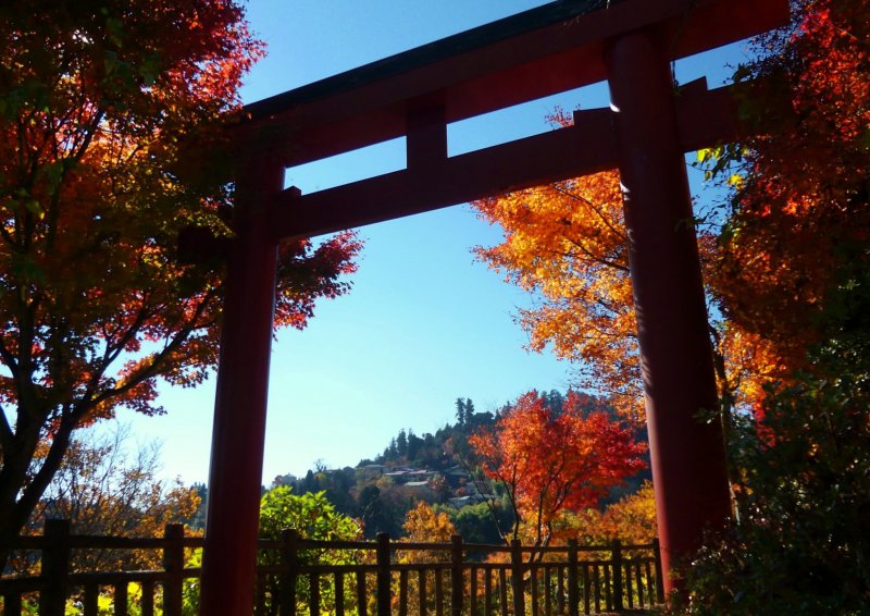 <p>A large torii gate welcomes visitors to the village of Mitake.</p>