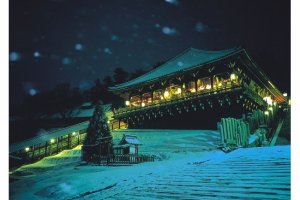 Hujan salju pada saat malam musim dingin di Nigatsudo Hall