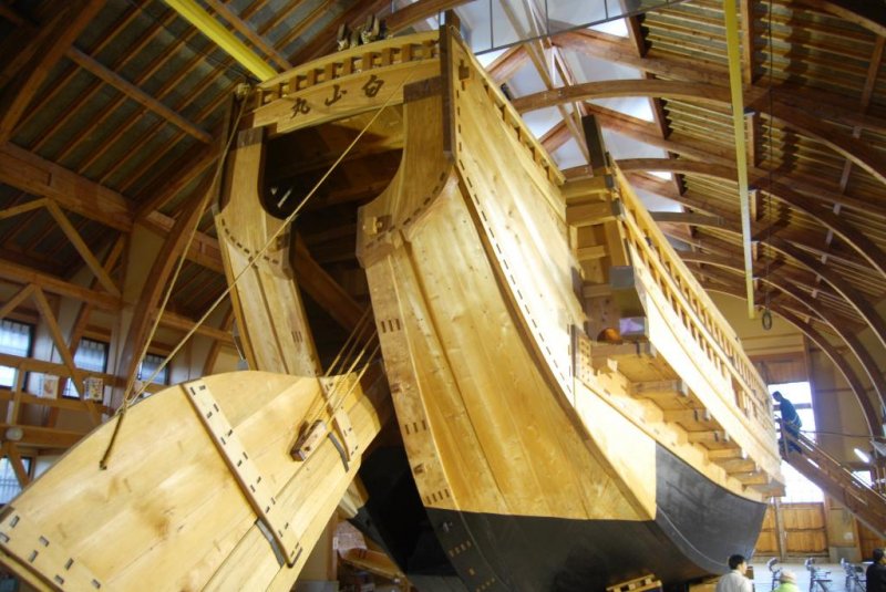 Replica of the "sengokubune" fright ship, which set's sail in front of the hall during festivals