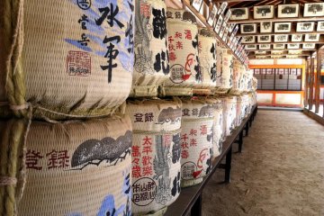 Sake barrels within the colonnade