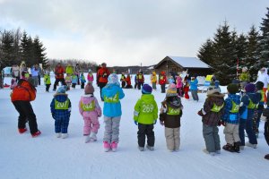 Kids participating in ski lessons in groups
