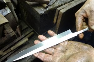A knife in the making at a blacksmith's workshop in Sakai