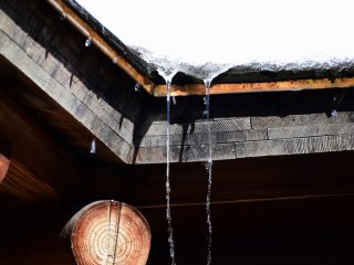 養浩館の屋根から落ちる雪解けの水