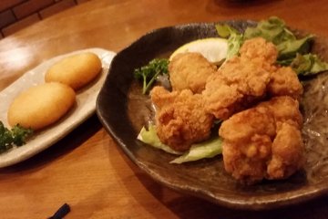 Fried chicken and Imomochi with Camembert