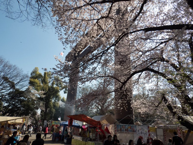 The colorful main torii, (gate) marks the entrance to Yasukuni Shrine