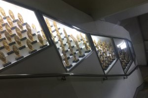 The display cases of buddhas that wind around the stairwell