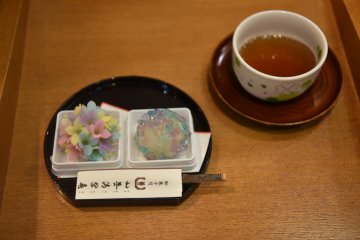 Okashitsukasa Yamazen traditional wagashi served with cold tea