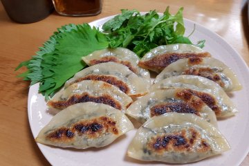 Gyoza, served with delicious shiso leaves