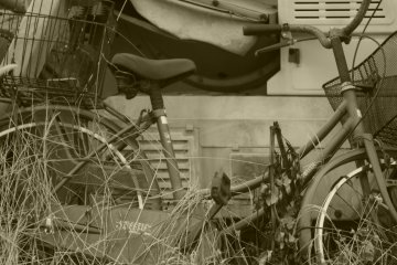 An abandoned bicycle and broken agricultural equipment