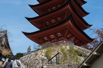 The five story pagoda sits on a small hill at Miyajima on the way to Mt. Misen
