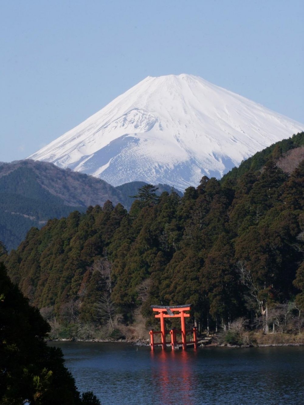 Close up of Mt. Fuji and the Hakone Jinja Shrine Gate
