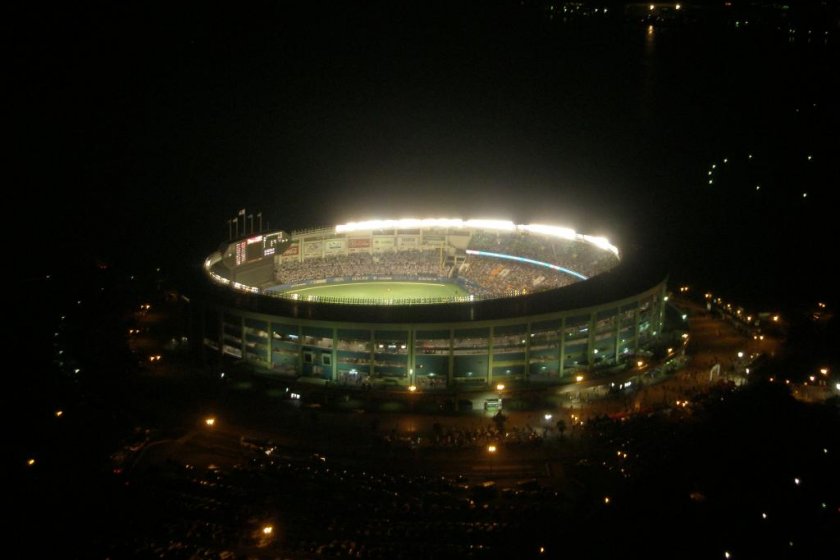 The stadium lit up at night