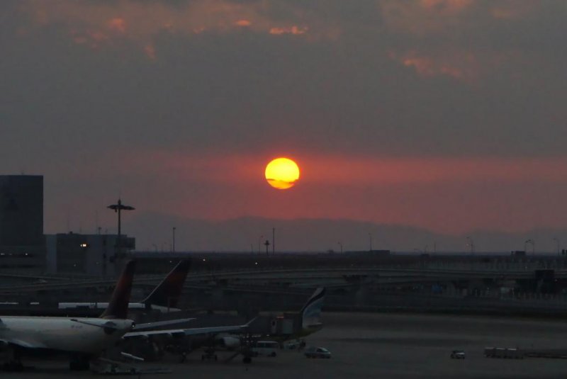 Sunset from the observation deck of Sky View Observation Hall at Kansai Int. Airport