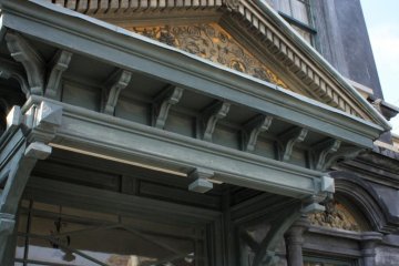 A closeup view of the elaborate portico.