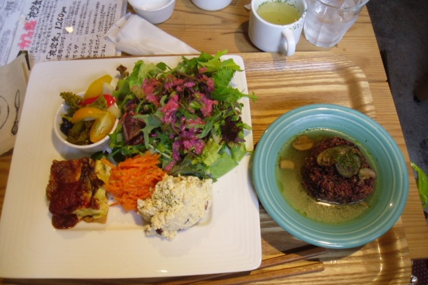 The colourful, vegetarian lunch plate, which comes with dessert
