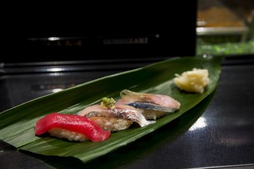 Tuna belly, mackerel, and horse mackerel sushi