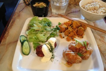 Lunch set with fried soy balls, kabocha&nbsp;(squash)&nbsp;salad and falafel