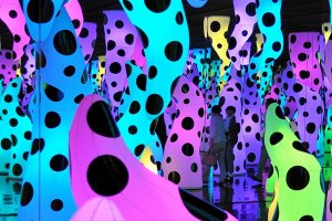 Museum patrons enjoy Kusama Yayoi's installation named 'Love is Calling'
