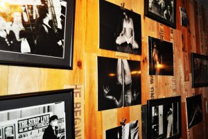 The photographs of erotic dancers on the walls.