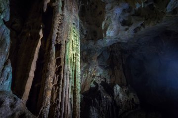 The Golden Pillar, symbol of Akiyoshi Cave, is a massive stalactite flowing 15 meters (50 feet) from ceiling to floor