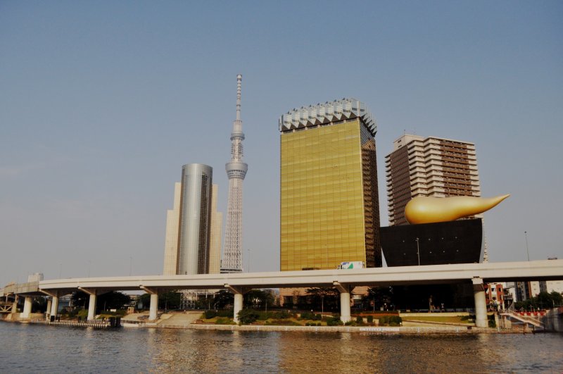 View of the Skytree and the Asahi Beer Hall from the Azumabashi Bridge