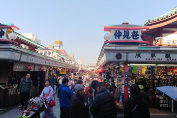 The busy main shopping street leading to Sensoji shrine