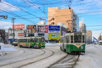Streetcars passing by in Hakodate 