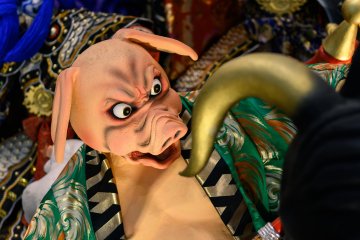 The figure of a pig character on a float from the Hachinohe Sansha Taisai Festival