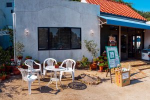 The Copio Gelato Parlour is a cute little white-washed building that fits in with the olive trees.