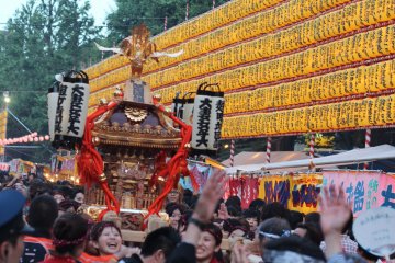 Make way! Here we see a mikoshi being carried through the crowds.