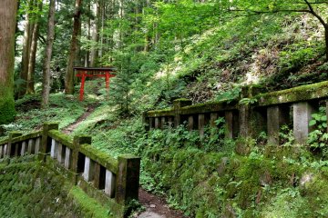 A narrow side path leading to a red torii