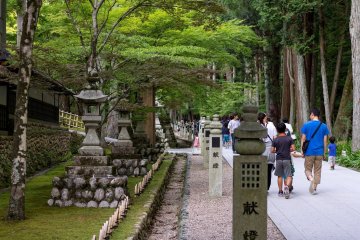 Lanterns, ancient and more modern, line the path to the temple