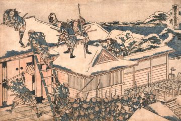 A ukiyoe print of the ronin's attack on Lord Kira's mansion 