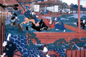 An ukiyoe depiction of Asano attacking Kira in Edo