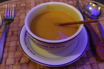 <p>Sam&#39;s homemade soup is a delictable blend of curry and pumpkin</p>