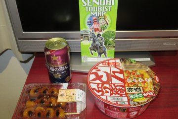 Cup noodles, Japanese sweet dango and beer