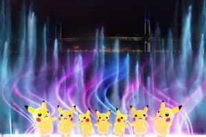 Pikachu dancing against a brilliantly lit screen 