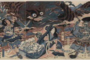 Hidesato on the right fighting the giant centipede...