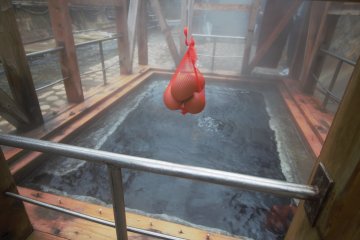 Cooking eggs over the hot springs in Yunomine Onsen