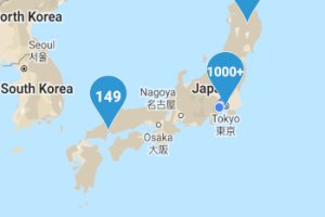 Des points d'eau dans tout le Japon (fusionnés pour plus de clarté).