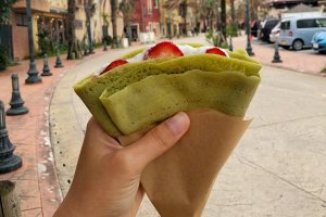 Matcha crepe with anko (red bean) paste and fresh strawberries