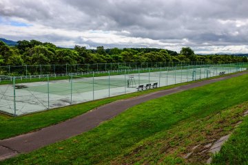 The free public tennis courts along the Shiribetsu River Park
