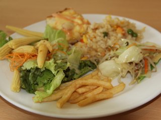Have it your own way with baby corn salad, chanpuru, chahan, pizza bread and fried potatoes