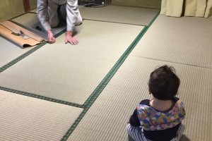 Leveling the mats with strips of scrap tatami