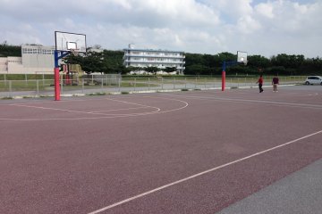 <p>There are two basketball hoops at the top of the park</p>
