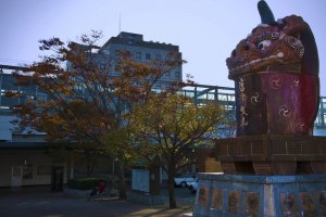 Statue of Akajishi or the red lion at the JR Karatsu station north exit