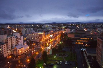 View from the hotel room: Asahikawa lighting up for the night.